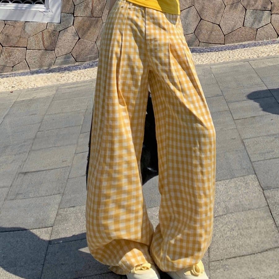 チェックパンツ 格子柄ゆったりワイドパンツ