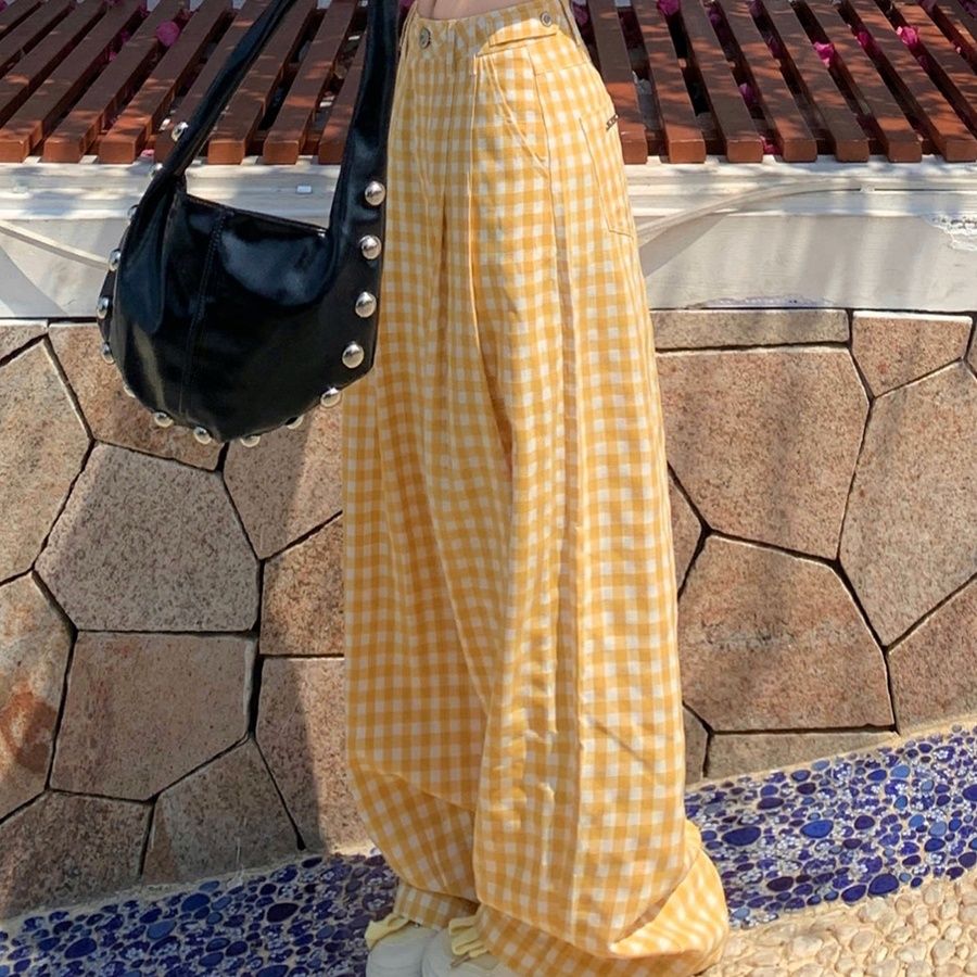 チェックパンツ 格子柄ゆったりワイドパンツ