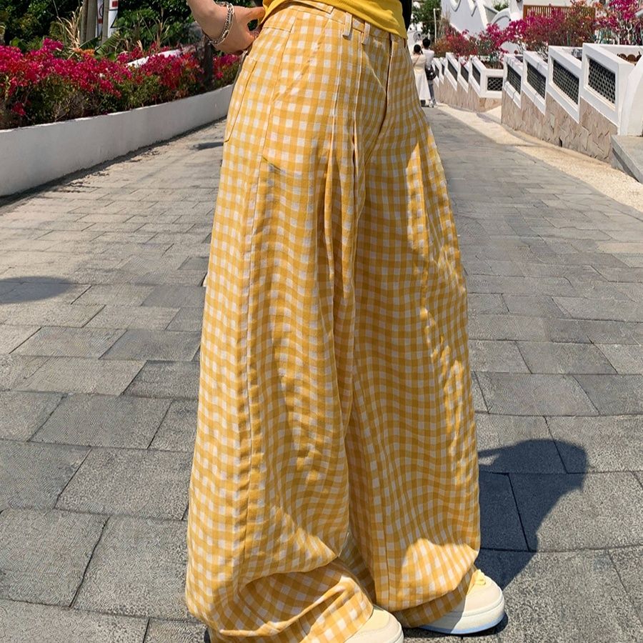 チェックパンツ 格子柄ゆったりワイドパンツ