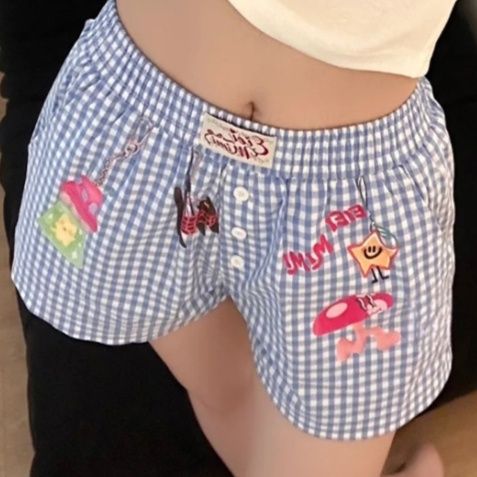 チェックパンツ ワッペン付き格子柄ショートパンツ