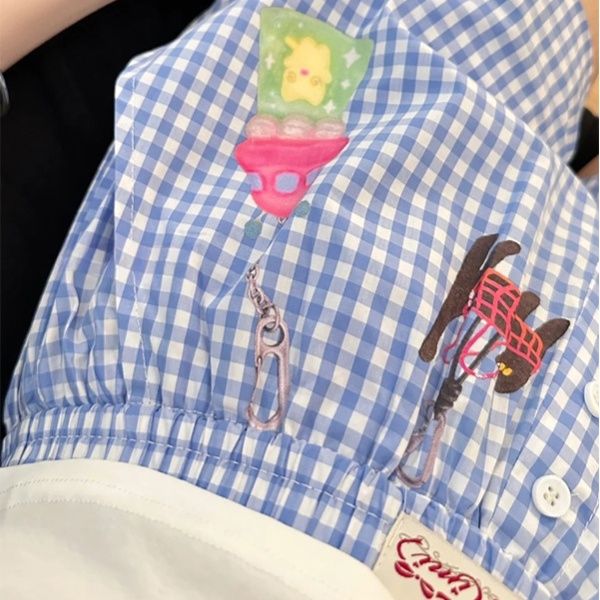チェックパンツ ワッペン付き格子柄ショートパンツ
