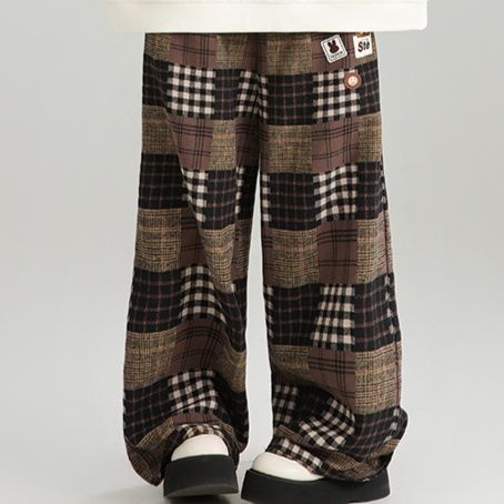 チェックパンツ パッチワーク格子柄ワイドパンツ