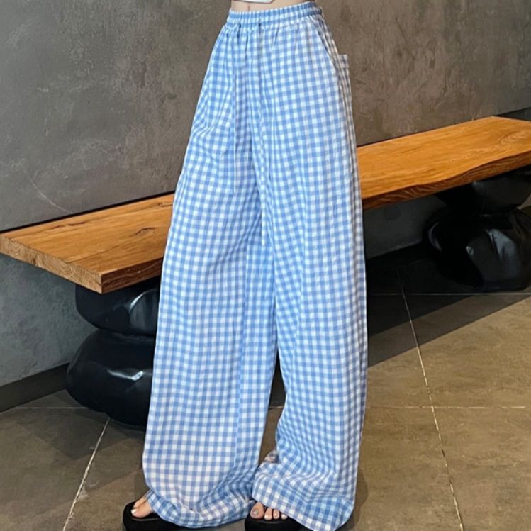 チェックパンツ 爽やか格子模様ワイドパンツ