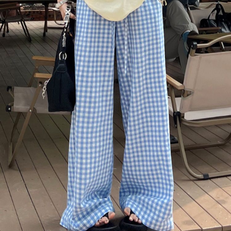 チェックパンツ 爽やか格子模様ワイドパンツ