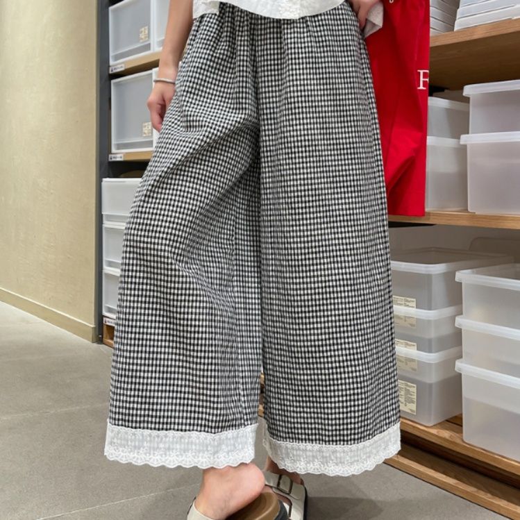 チェックパンツ レース縁取りワイドシルエットパンツ