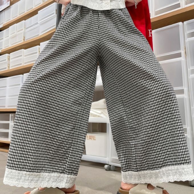 チェックパンツ レース縁取りワイドシルエットパンツ