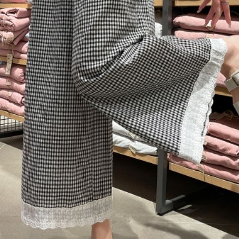 チェックパンツ レース縁取りワイドシルエットパンツ