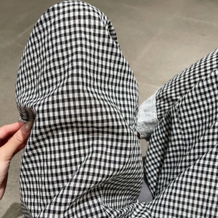 チェックパンツ レース縁取りワイドシルエットパンツ