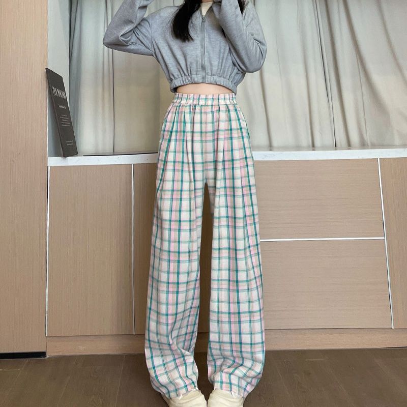 チェックパンツ ゆったり格子柄ワイドパンツ