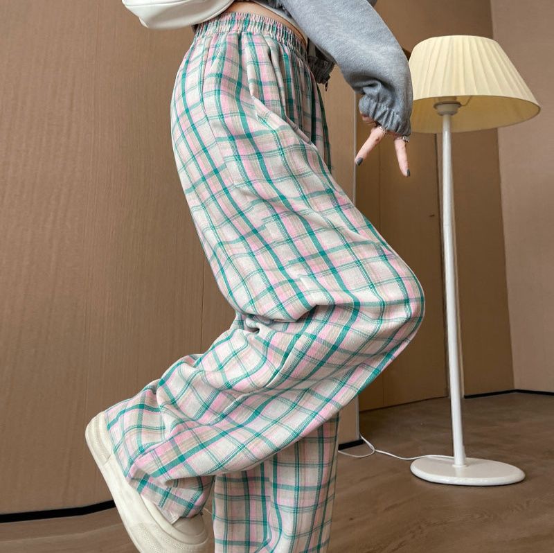 チェックパンツ ゆったり格子柄ワイドパンツ