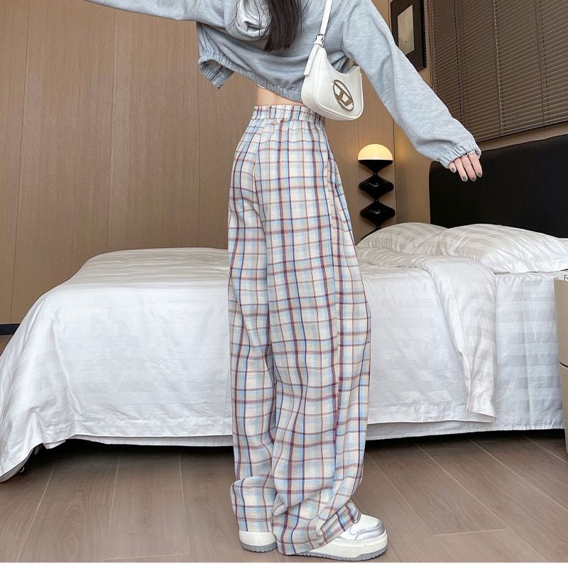 チェックパンツ ゆったり格子柄ワイドパンツ