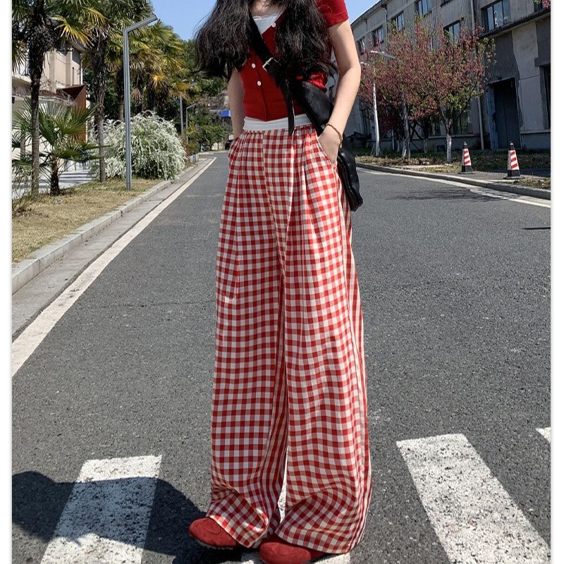 チェックパンツ 格子柄ゆったりワイドパンツ