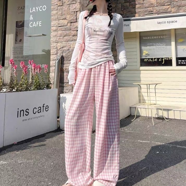 チェックパンツ 格子柄ゆったりワイドパンツ