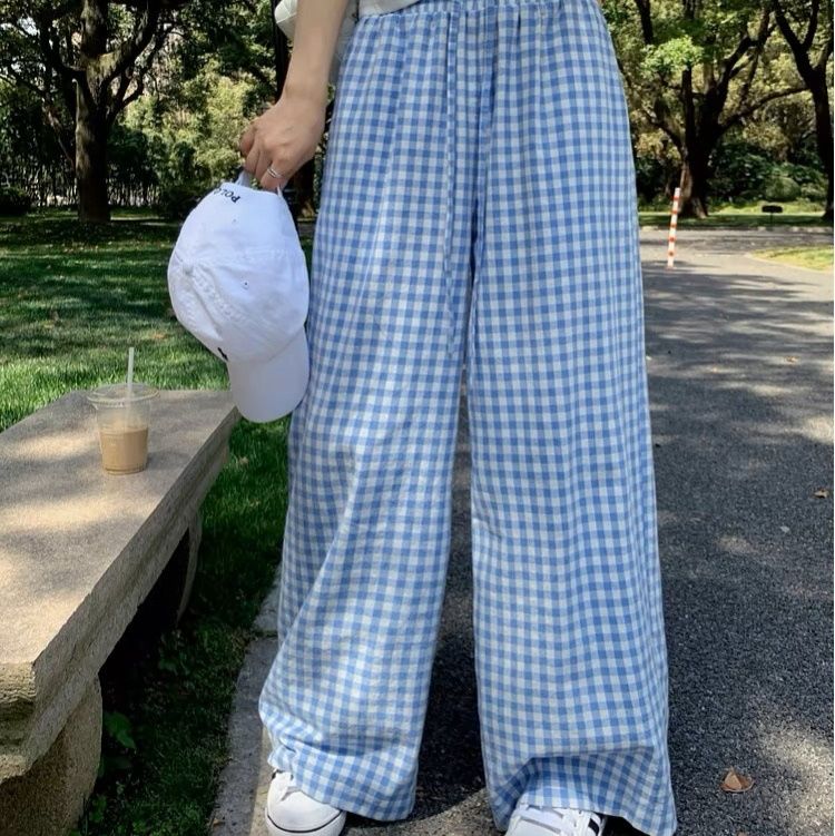 チェックパンツ 格子柄リラックスワイドパンツ