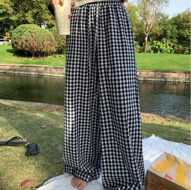 チェックパンツ 格子柄リラックスワイドパンツ