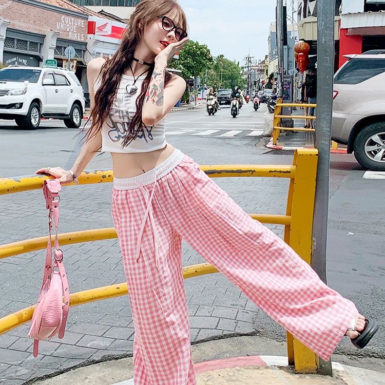 チェックパンツ 爽やかな格子柄ゆったりパンツ