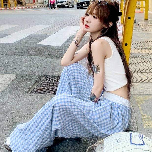 チェックパンツ 爽やかな格子柄ゆったりパンツ