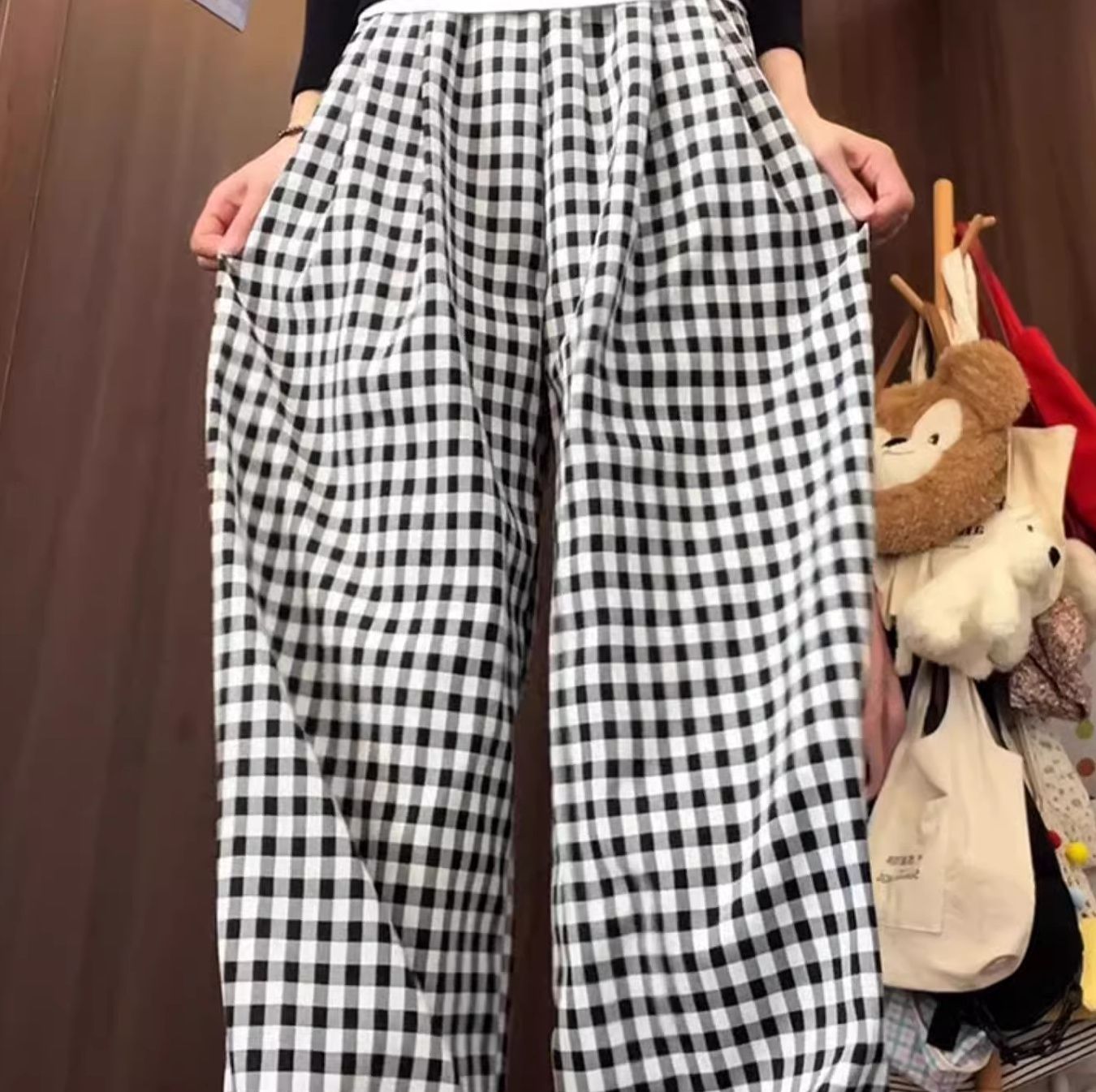 チェックパンツ 格子柄リラックスワイドパンツ