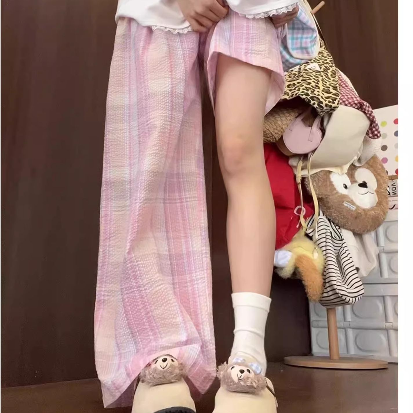 チェックパンツ 優雅な格子柄ゆったりパンツ