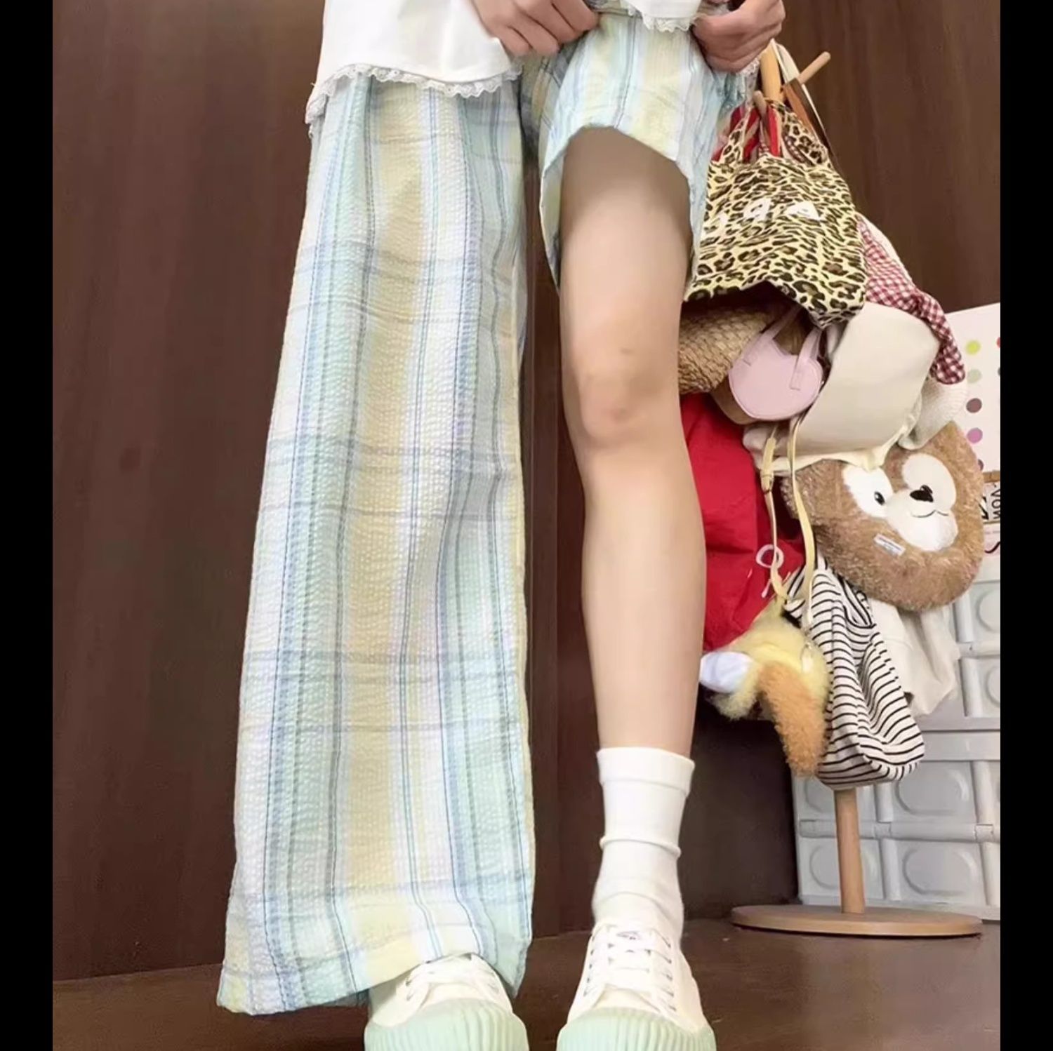 チェックパンツ 優雅な格子柄ゆったりパンツ