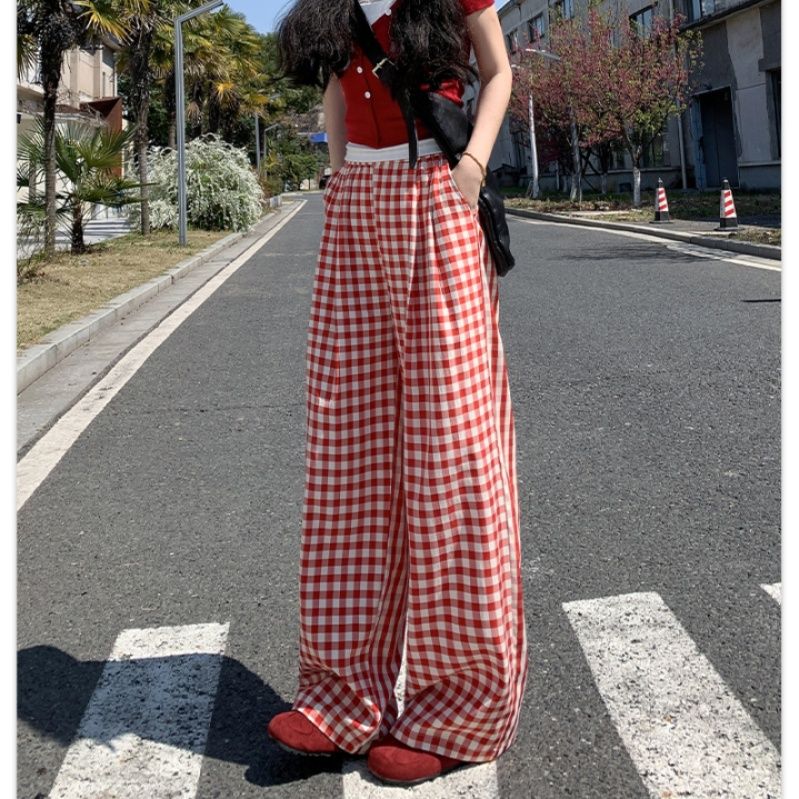チェックパンツ 格子柄ゆったりワイドパンツ