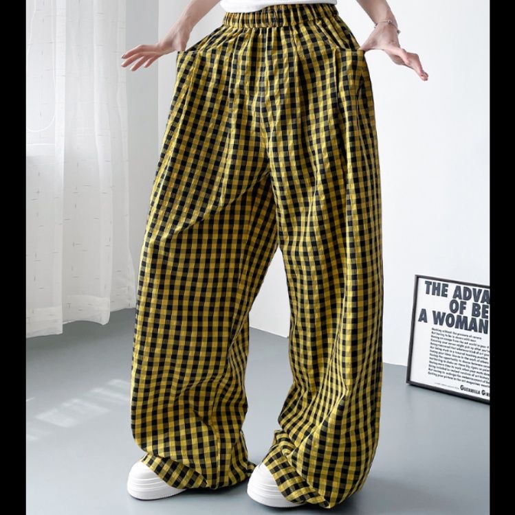 チェックパンツ 格子柄ゆったりロングパンツ