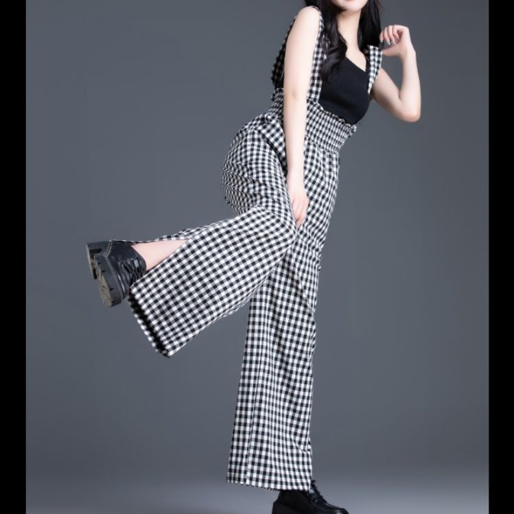 チェックパンツ 格子柄サスペンダーワイドパンツ