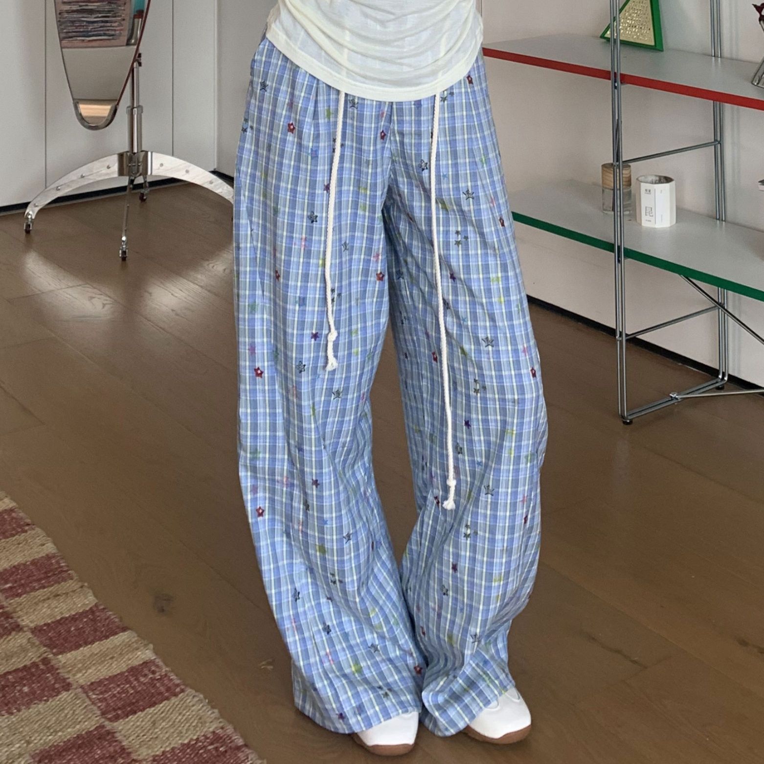 チェックパンツ 星空格子ゆったりワイドパンツ