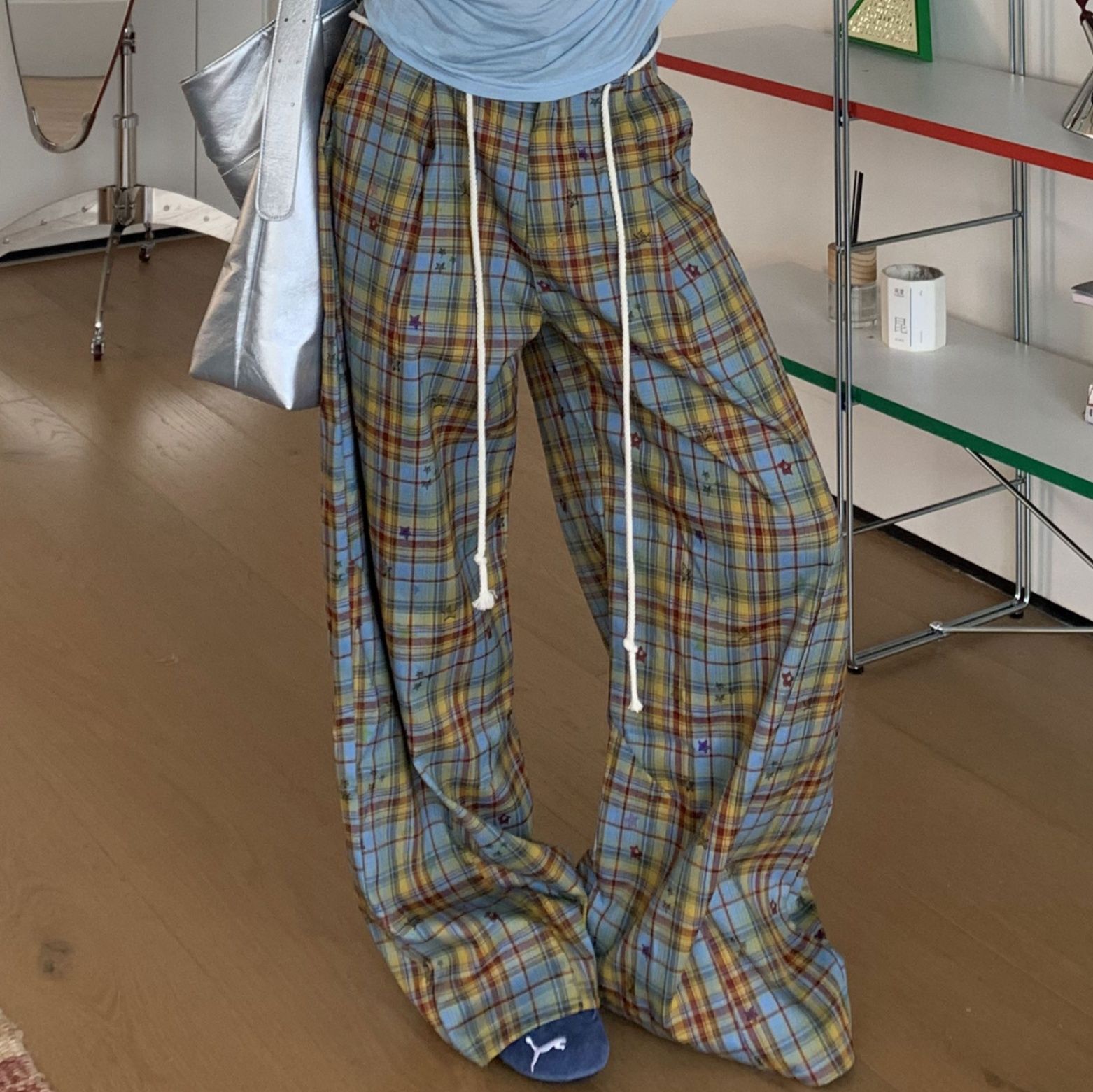 チェックパンツ 星空格子ゆったりワイドパンツ