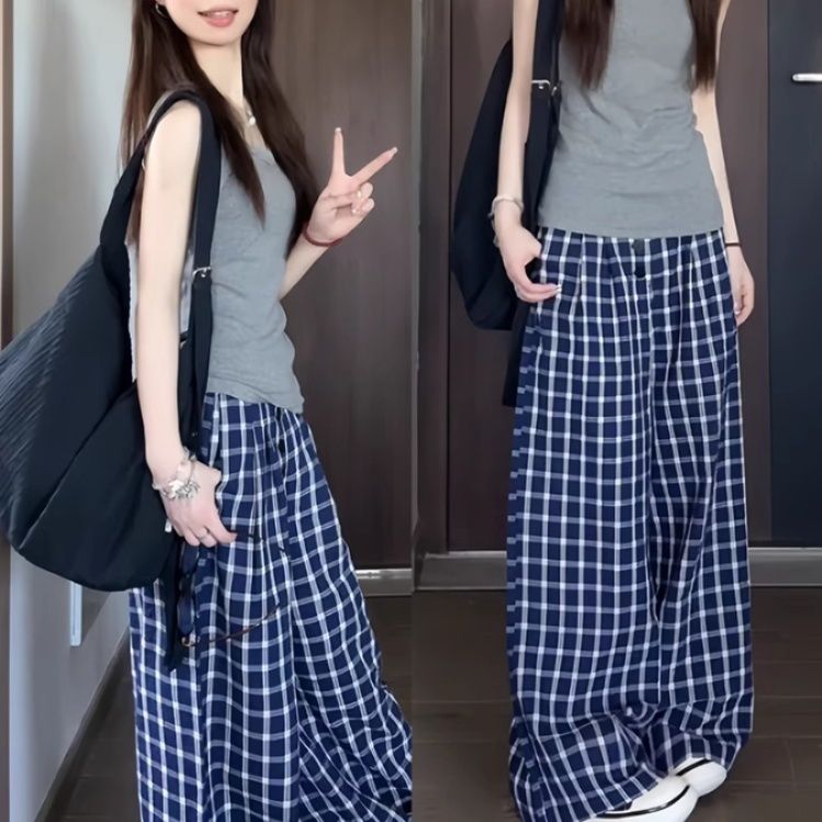 チェックパンツ クラシカル格子柄ゆったりパンツ