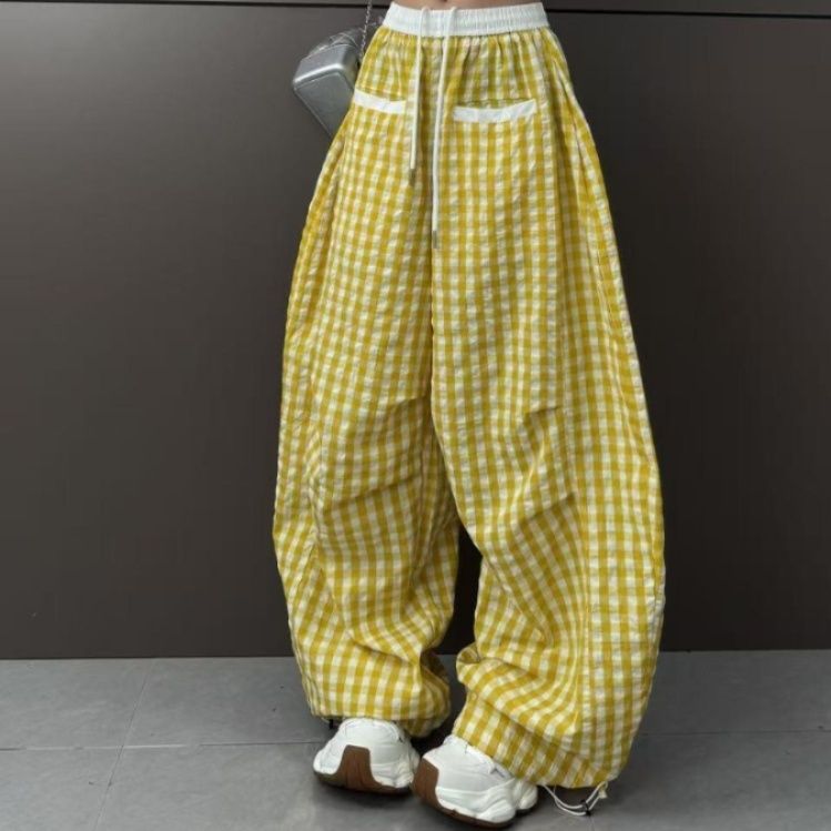 チェックパンツ 格子柄ゆったりワイドパンツ