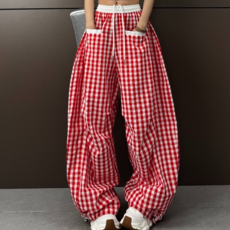 チェックパンツ 格子柄ゆったりワイドパンツ