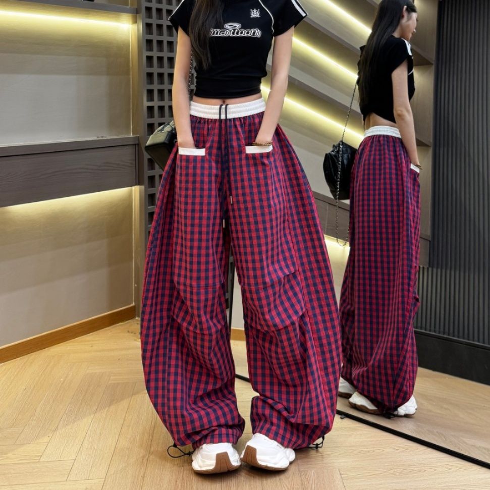 チェックパンツ 格子柄ゆったりワイドパンツ