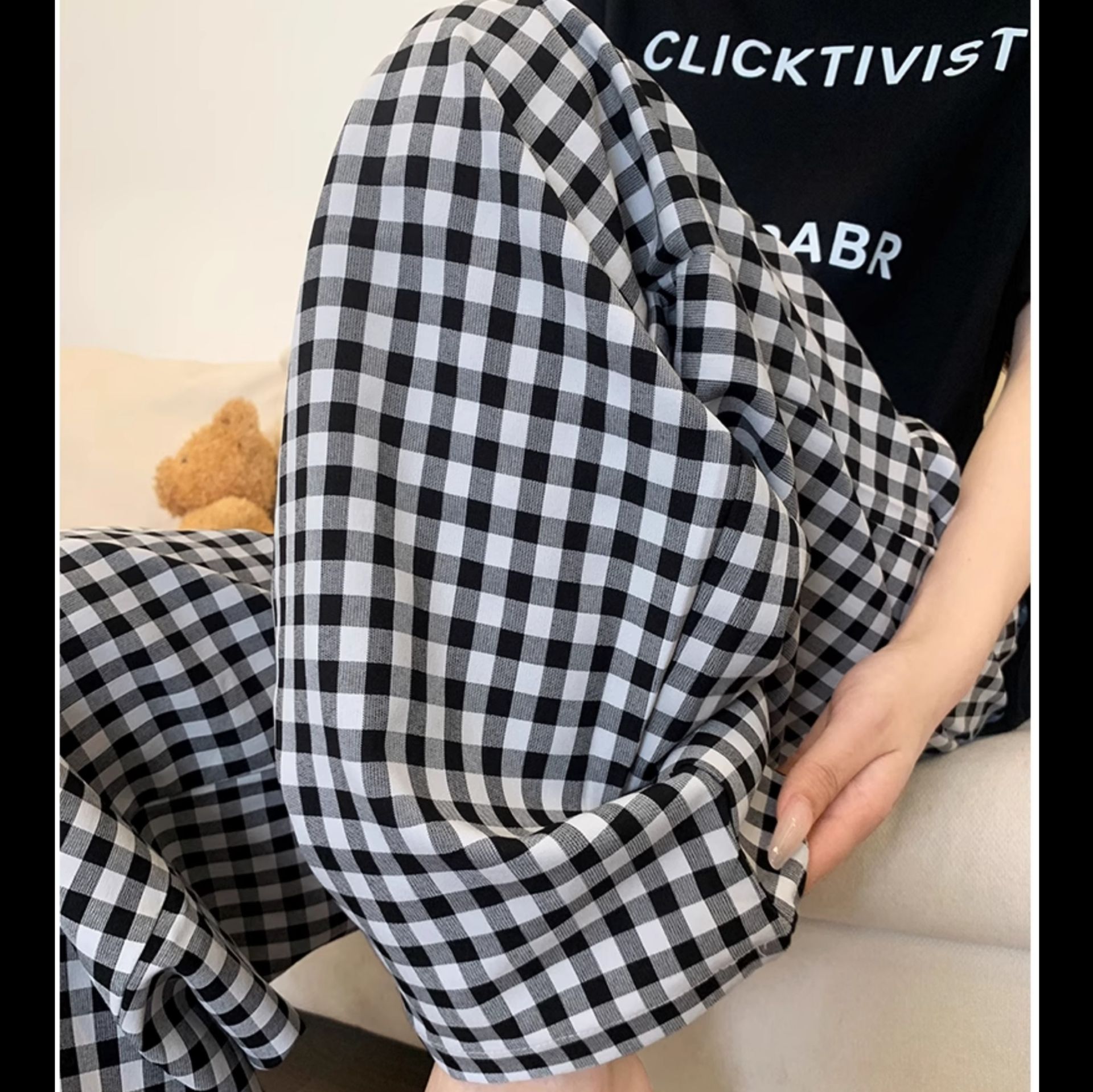 チェックパンツ ゆったり格子柄ロングパンツ