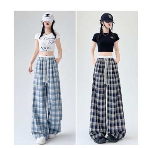 チェックパンツ 格子柄ゆったりロングパンツ