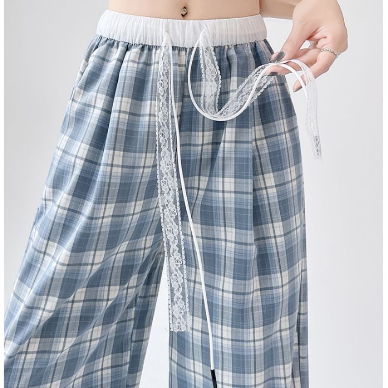 チェックパンツ 格子柄ゆったりロングパンツ