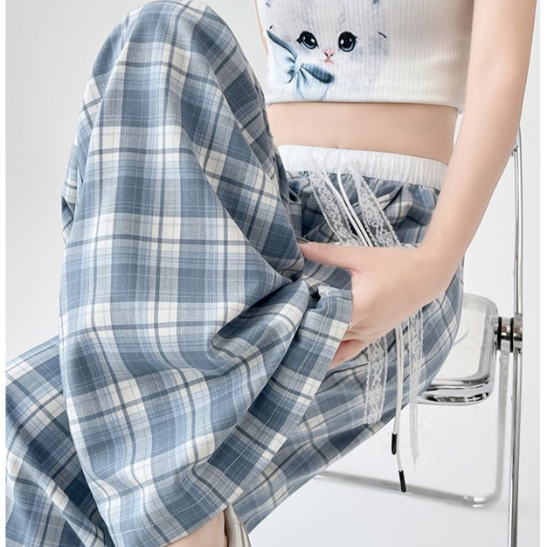チェックパンツ 格子柄ゆったりロングパンツ