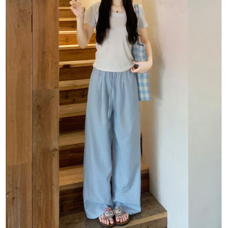 チェックパンツ 格子柄ゆったりワイドパンツ