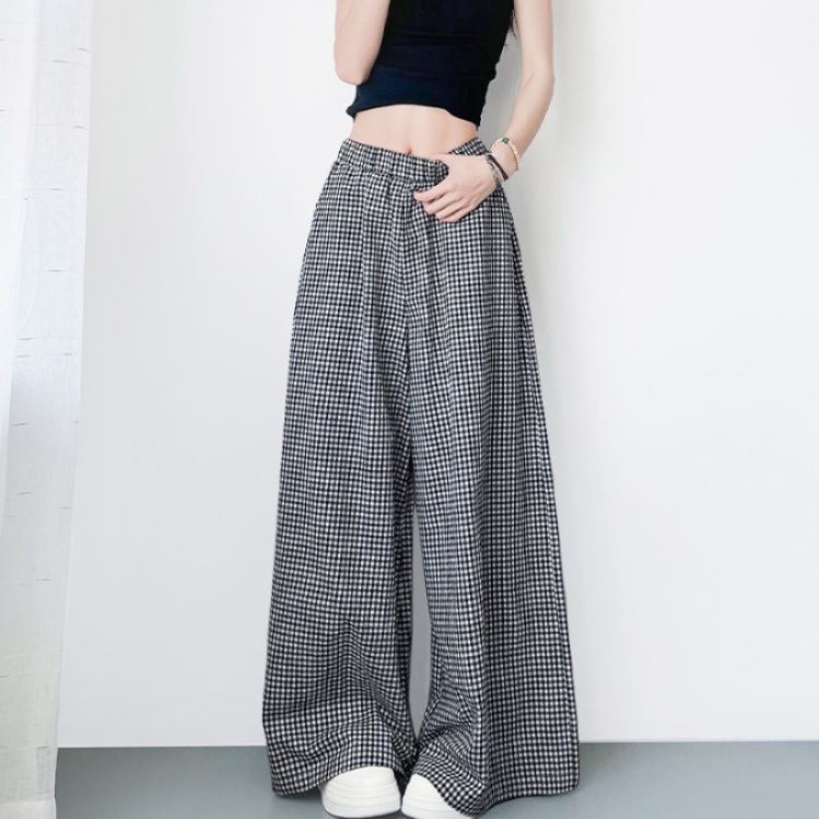 チェックパンツ 格子柄ゆったりロングワイドパンツ
