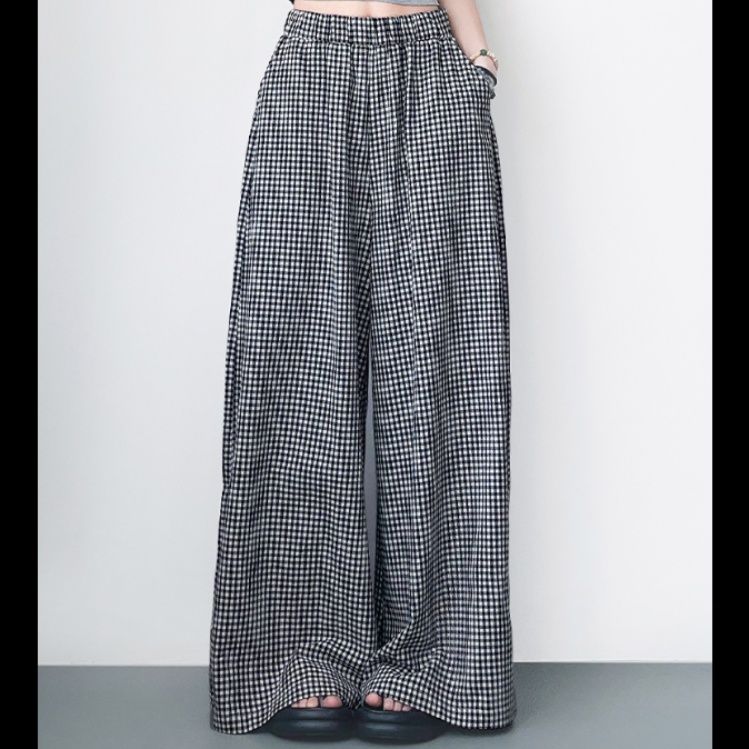 チェックパンツ 格子柄ゆったりロングワイドパンツ