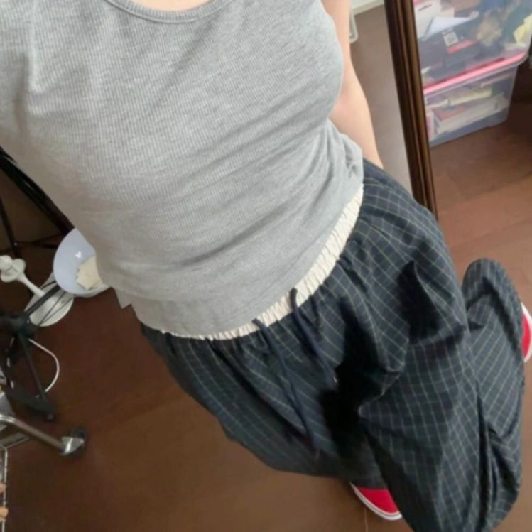 チェックパンツ 格子柄リラックスワイドパンツ