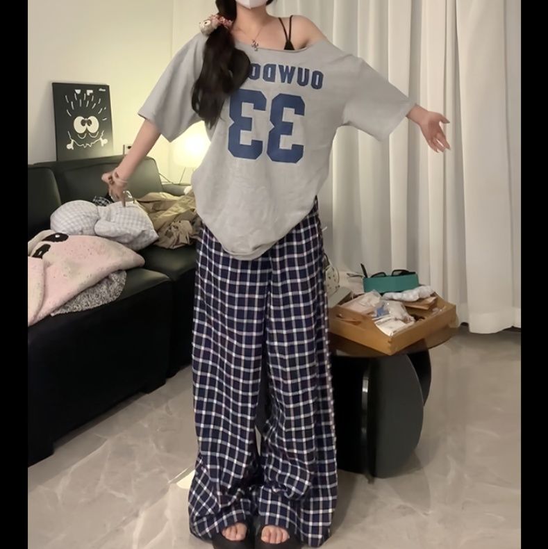 チェックパンツ 格子模様のゆったりパンツ