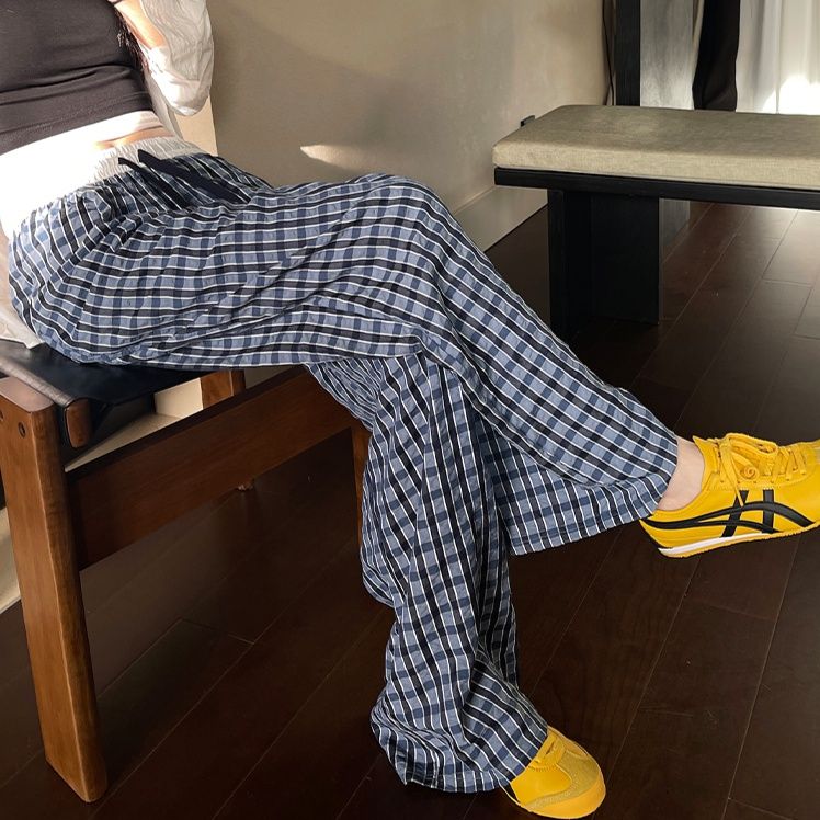 チェックパンツ 格子柄ゆったりワイドパンツ