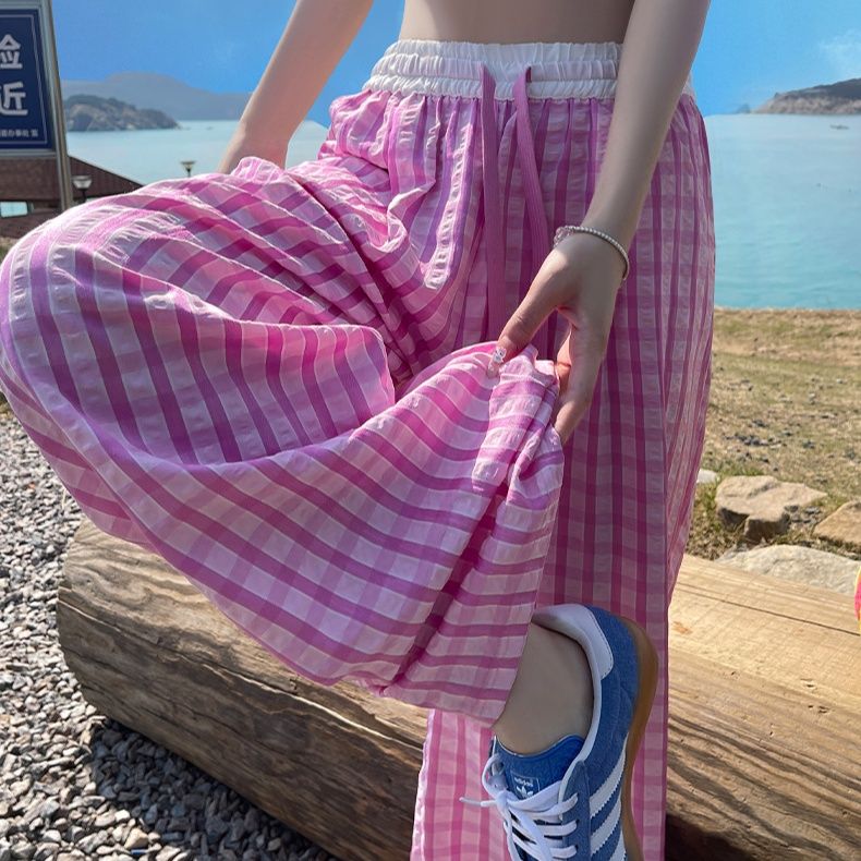 チェックパンツ 格子柄ゆったりワイドパンツ