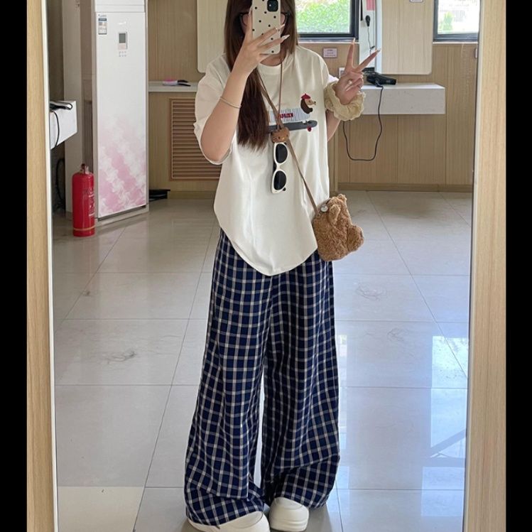 チェックパンツ 格子柄ゆったりワイドパンツ