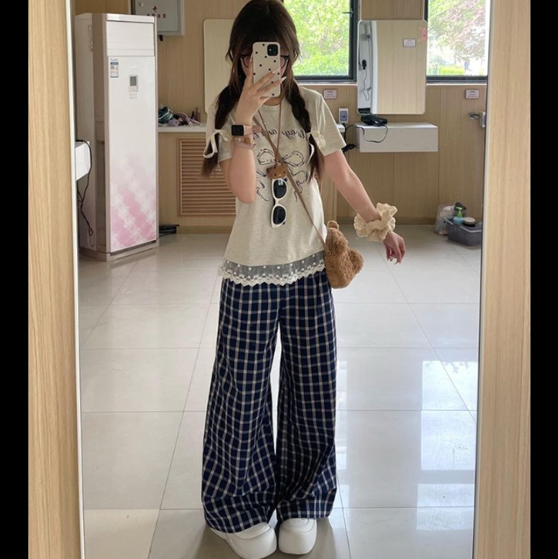 チェックパンツ 格子柄ゆったりワイドパンツ
