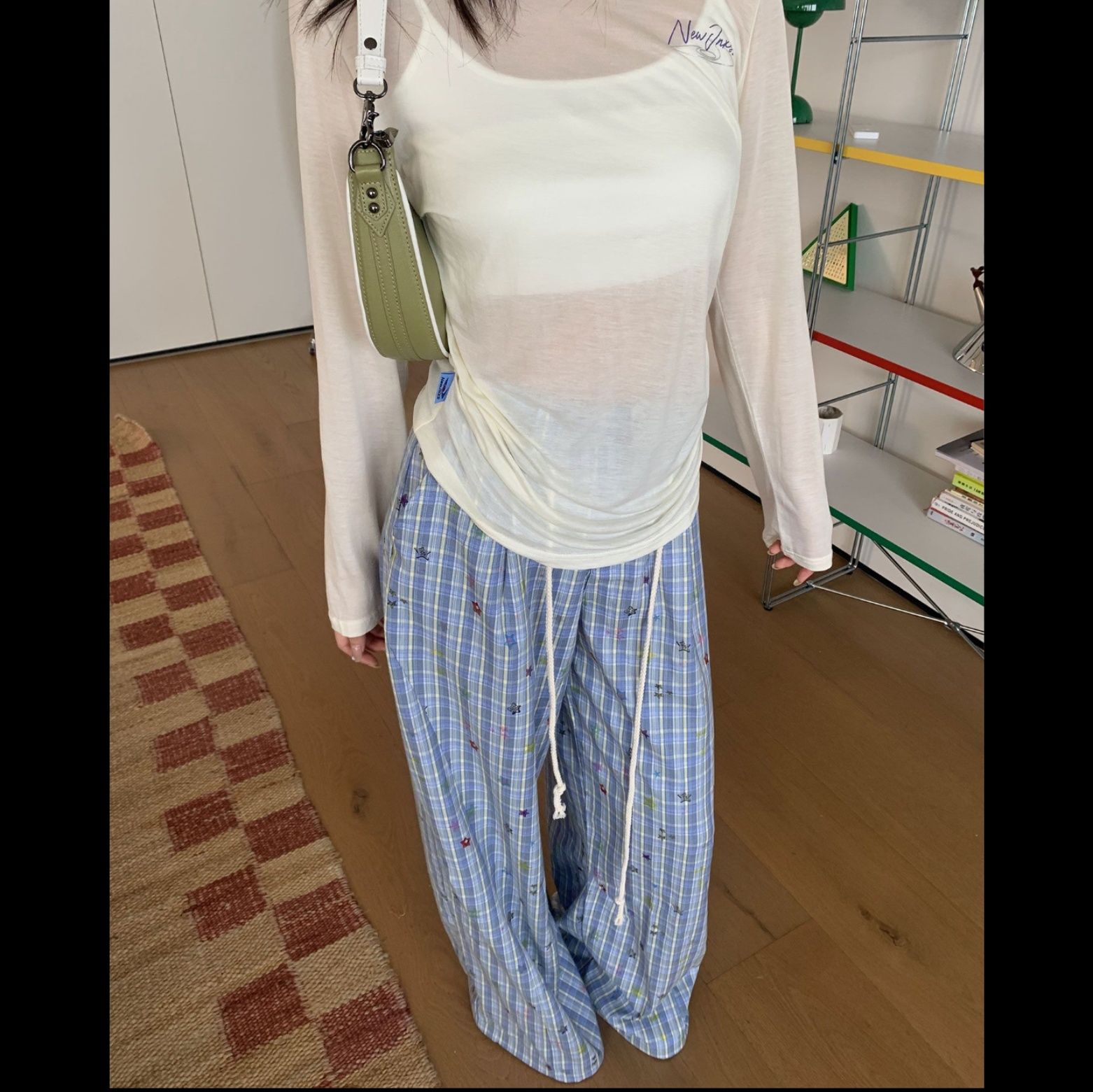 チェックパンツ 星空格子ゆったりワイドパンツ