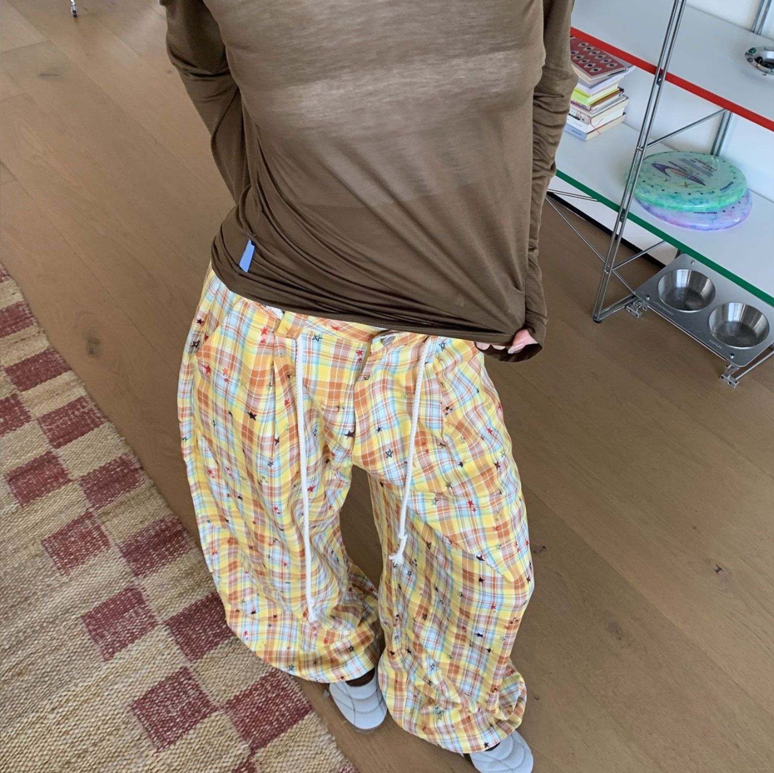 チェックパンツ 星空格子ゆったりワイドパンツ