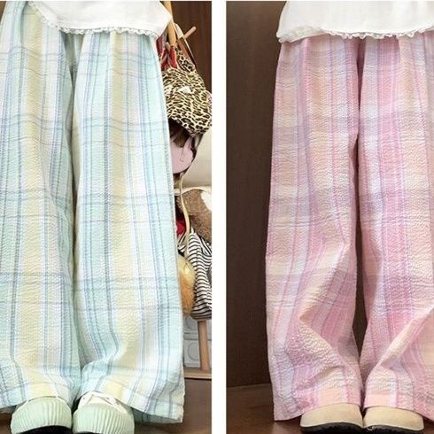チェックパンツ 優雅な格子柄ゆったりパンツ