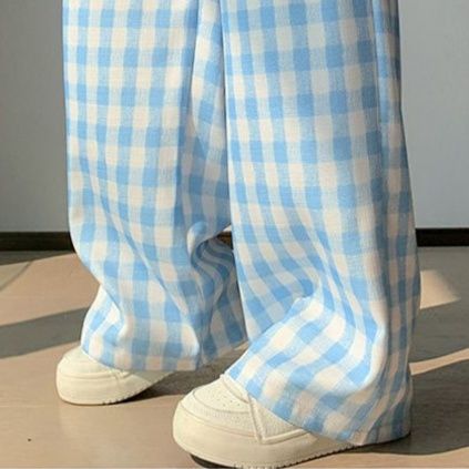 チェックパンツ 格子柄ゆったりワイドパンツ
